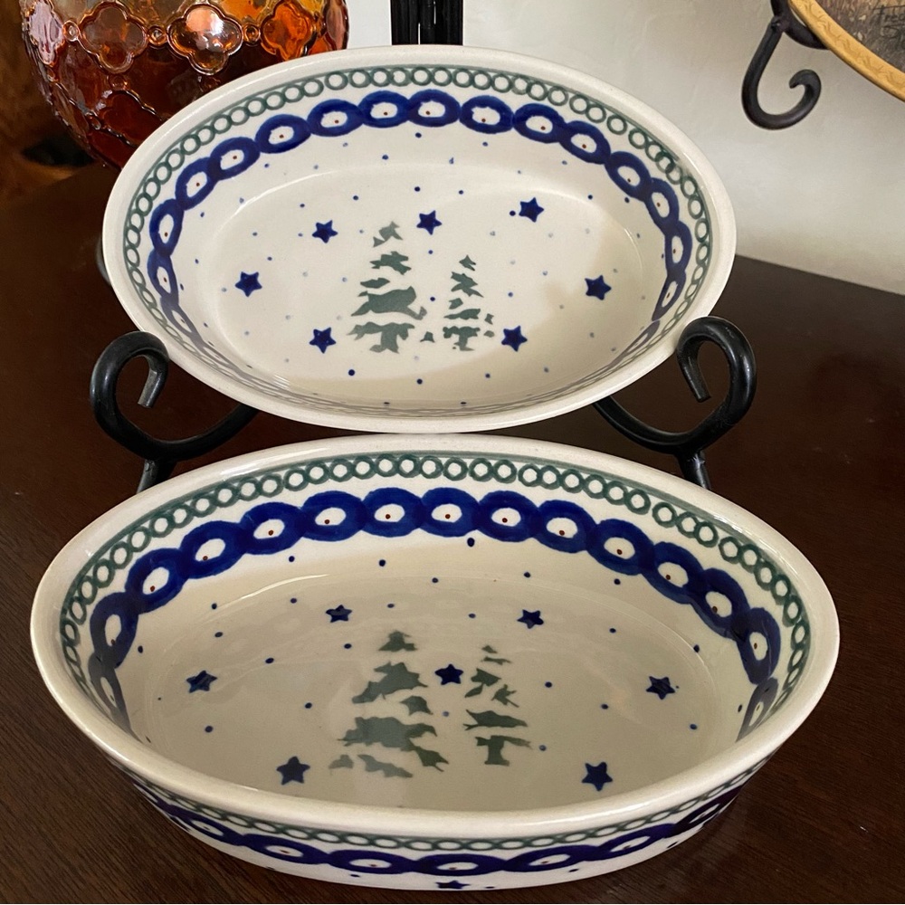 Boleslawiec Vintage Polish Pottery 2pc Oval Baker Dish - Tree Design Candy Soap